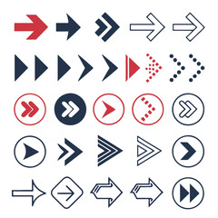 Collection of red, blue, and gray arrows symbolizing progress, flow, and choice, ideal for business or web interface use