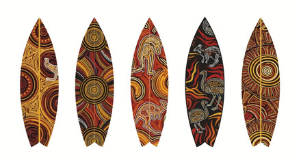 Collection five surfboards decorated with colorful aboriginal patterns