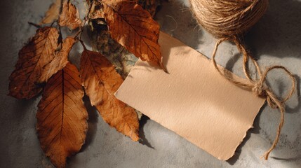 Handmade composition with dried autumn leaves, kraft paper and twine, warm orange and brown palette, natural texture, golden hour lighting, space