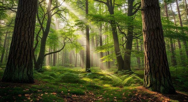 Sunlight Filters Through a Lush Forest A Serene Nature Scene