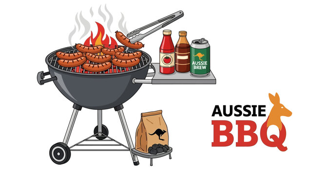 Australian barbecue with sausages cooking on grill, bottles beer and sauce, and bag charcoal, featuring the text aussie bbq with kangaroo silhouette