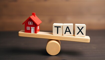 A small red house and blocks spelling TAX are balanced on a wooden seesaw, symbolizing the weight of property taxes.