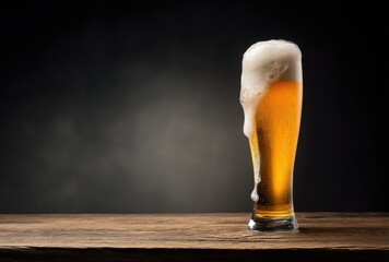 Tall glass of refreshing golden beer with smooth foam on top placed on a wooden table against a dark background, ideal for bar promotion, beverage advertising, or menu design