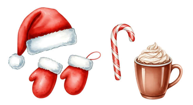 Festive Christmas still life with hat, mittens, candy cane and hot chocolate.