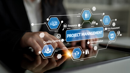 A modern business concept centered on project management, highlighting key elements like resource allocation, risk assessment, and effective communication strategies for success. Tessel