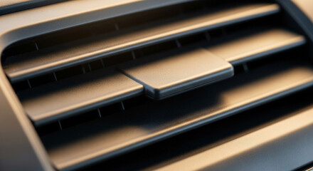 A close-up shot of a car or vehicle air vent, featuring horizontal black or dark gray louvers, one of which has a prominent rectangular adjustment tab. The plastic material is matte, with a slight 