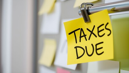 A bright yellow sticky note with the words "TAXES DUE" written in black marker, attached to a metal bar with a clip.