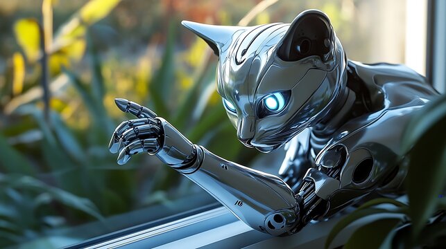 A cute domestic tabby robotic  kitten with green eyes and white fur is pictured in the garden, on the roof, and on the window - Powered by Adobe