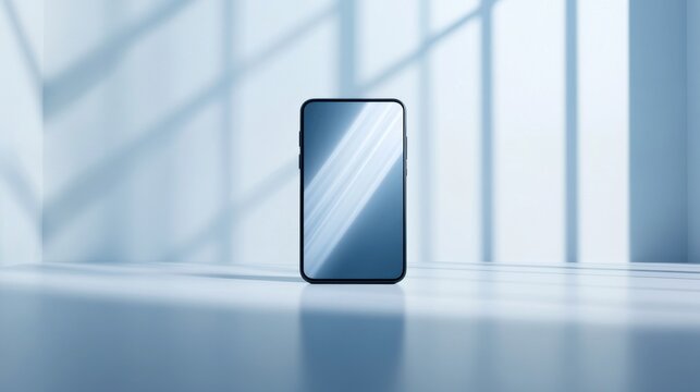Modern smartphone placed on a smooth surface with soft lighting and subtle shadows in a minimalistic setting