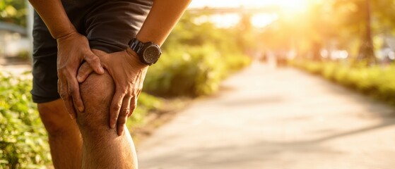 The runner clutching his knee on a sunlit park path during training