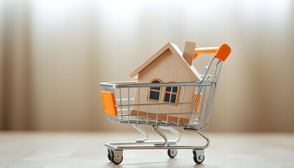 Miniature house in a shopping cart, symbolizing real estate purchase.