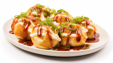 A plate of takoyaki drizzled with sauce and mayonnaise and garnished with green onions on white background