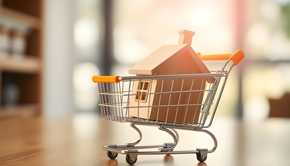 A small wooden model of a house sits inside a miniature shopping cart on a wooden table, symbolizing a real estate purchase.