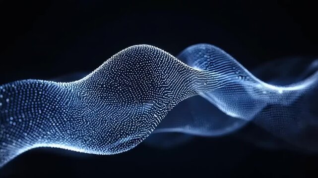 Abstract visualization of a dynamic digital wave composed of glowing blue particles flowing gracefully on a dark background