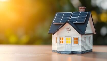 A miniature model house with solar panels on the roof, symbolizing sustainable living and renewable energy.