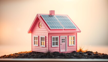 A charming pink house with solar panels on its roof, set against a soft, warm-toned background.