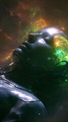 humanoid sleeper drifting in zero gravity, transparent head with radiant green and gold brain, soft cosmic lights reflecting off nebula, peaceful yet