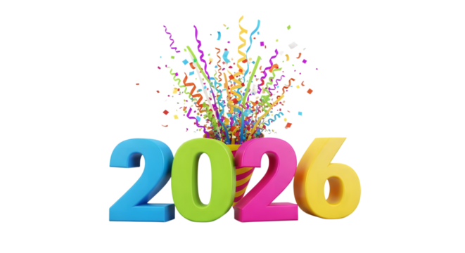 Colorful 3d numbers 2026 exploding with confetti and streamers isolated on transparent background - Powered by Adobe