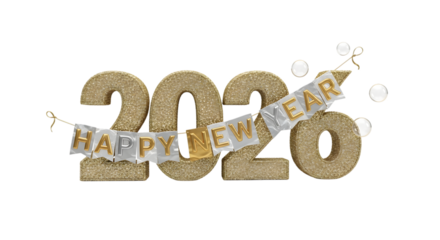 Glittery gold numbers 2020 with a festive happy new year banner draped across the digits isolated on transparent background
