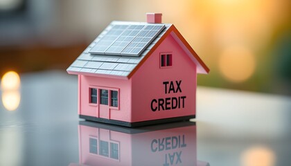 A miniature pink house model with solar panels on the roof and 'TAX CREDIT' written on its side, symbolizing financial incentives for sustainable living.
