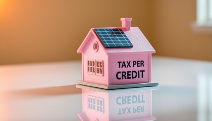 A miniature pink house with a solar panel on the roof, labeled 'TAX PER CREDIT'.