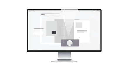 Close-up of a computer monitor displaying a graphic design project with various shapes and lines on a white background.