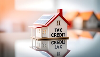 Toy house with solar panels and the words "Tax Credit" on the side.