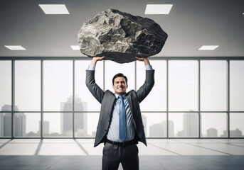 Businessman Lifting a Giant Rock Representing Pressure and Effort