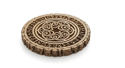 Intricately Carved Wooden Coaster Featuring Ancient Celtic Knot Design and Textures