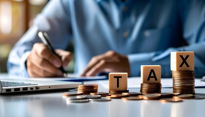 A person is calculating taxes with stacks of coins and wooden blocks spelling out TAX.