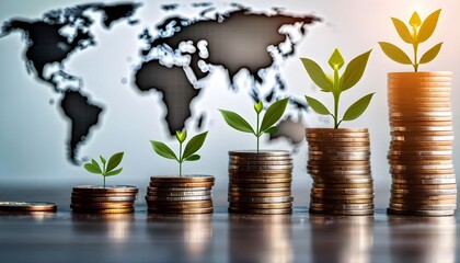 Stacks of coins with growing plants on top, symbolizing financial growth and investment against a world map background.
