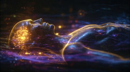 humanoid sleeper in zero gravity, visible glowing brain pulsing with golden and violet light, surrounded by holographic cosmic waves, futuristic