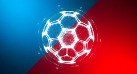 Dynamic glowing football in a vibrant red and blue abstract background perfect for sports promotions