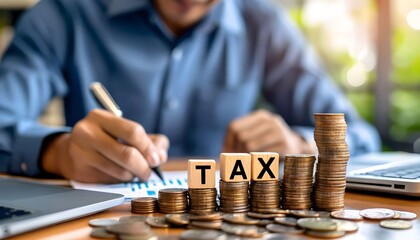Tax concept: man calculating taxes with coins and laptop on desk.