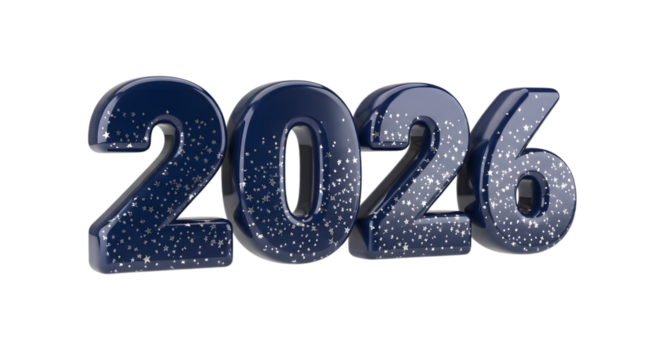 Shiny metallic 3d numbers 2026 with glitter effect isolated on transparent background