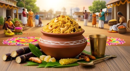 Chakkara Pongal in a clay pot, set on banana leaves , the harvest festival.