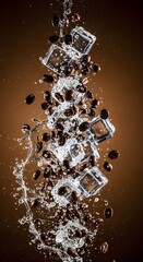 Dynamic splash of robust coffee beans and refreshing ice cubes in a natural, energetic flow, creating a vibrant beverage experience