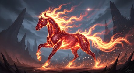 Mythical Steed of Inferno A Dynamic Fiery Horse Galloping Through a Desolate Landscape