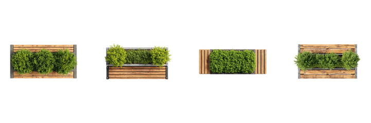 Fototapeta premium Wooden Planter Boxes With Greenery Set. Urban Garden And Landscape Design Collection Isolated On Transparent Background