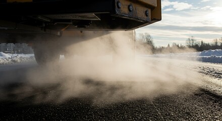 Fototapeta premium A low-angle shot of a vehicle spreading dust or salt on a dark road with snow on the sides, under a bright, low sun.