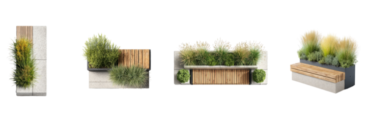 Modern Urban Planter Bench Designs Set. Outdoor Seating And Greenery Integration Collection Isolated On Transparent Background