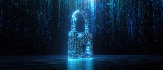The Padlock Composed of Glowing Data Particles Protecting Digital Information in Futuristic Blue
