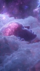 humanoid sleeping in space, transparent head showing glowing pink and violet brain, surrounded by soft nebula clouds and starlight, gentle cosmic