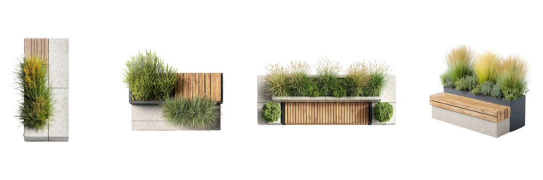 Modern Urban Planter Bench Designs Set. Outdoor Seating And Greenery Integration Collection Isolated On Transparent Background