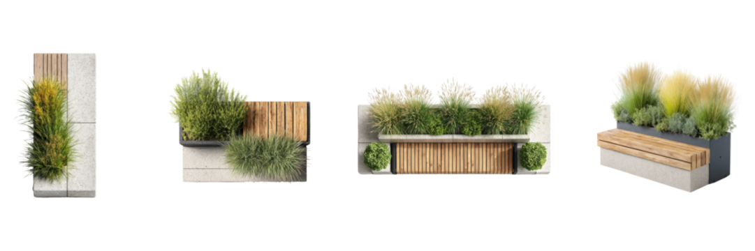 Modern Urban Planter Bench Designs Set. Outdoor Seating And Greenery Integration Collection Isolated On Transparent Background