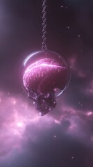 humanoid suspended in space, glowing pink purple brain visible through transparent skull, surrounded by soft nebula light and distant stars, calm