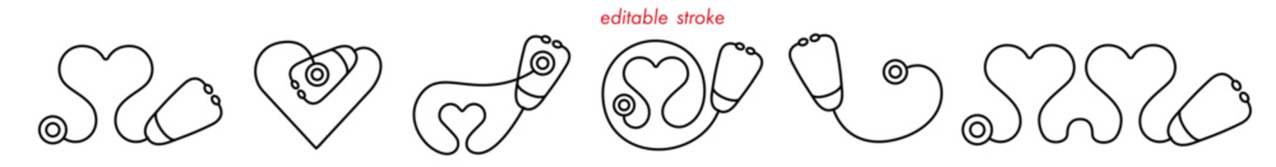 Abstract stethoscope set, heart shape editable stroke medical icon on white background. Healthcare symbol to use for health science, medical care, medical innovation, healthy lifestyle projects.