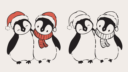 Adorable penguins in red scarves warm and happy Christmas illustration for cards.