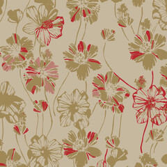 Seamless pattern, hand drawn outline pink Peony flowers on white background