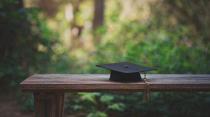 scholarship. A graduation cap resting on a wooden bench, symbolizing academic success with a soft background. wellbeing guides.
